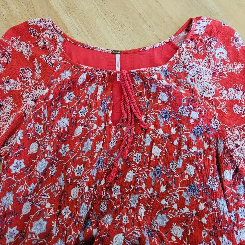 Free People Floral Lucky Loosey Mini Dress M  Red Tunic Festival Boho Oversized
